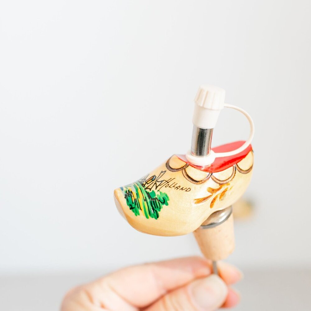 Pair Of Hand-Painted Dutch Wooden Shoe Bottle Stoppers Pourer Vintage Set of 2